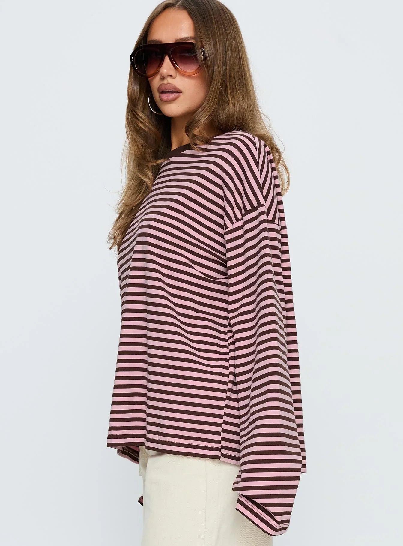 Settle Down Long Sleeve Top Pink Brown Stripe