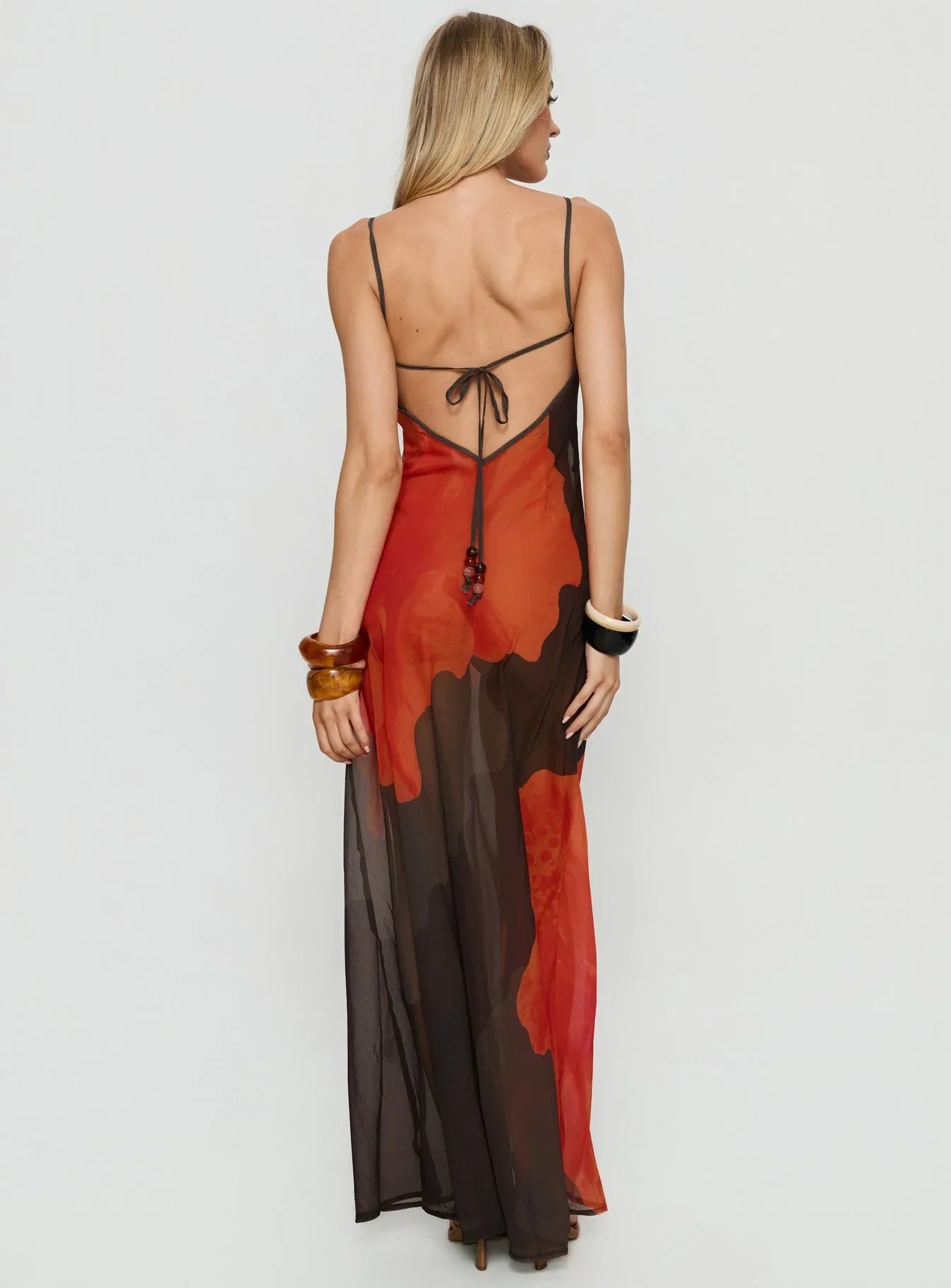 Carita Sheer Chiffon Maxi Dress Brown Orange Floral