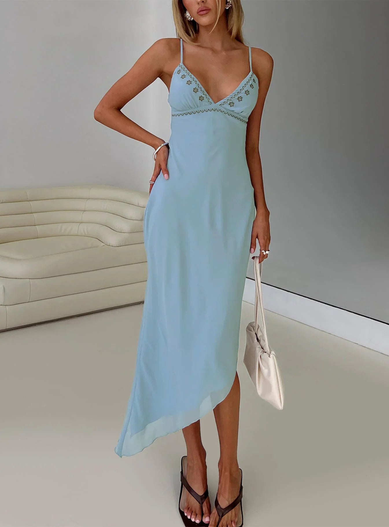 Fleuretta Embroidered Midi Dress Blue Brown