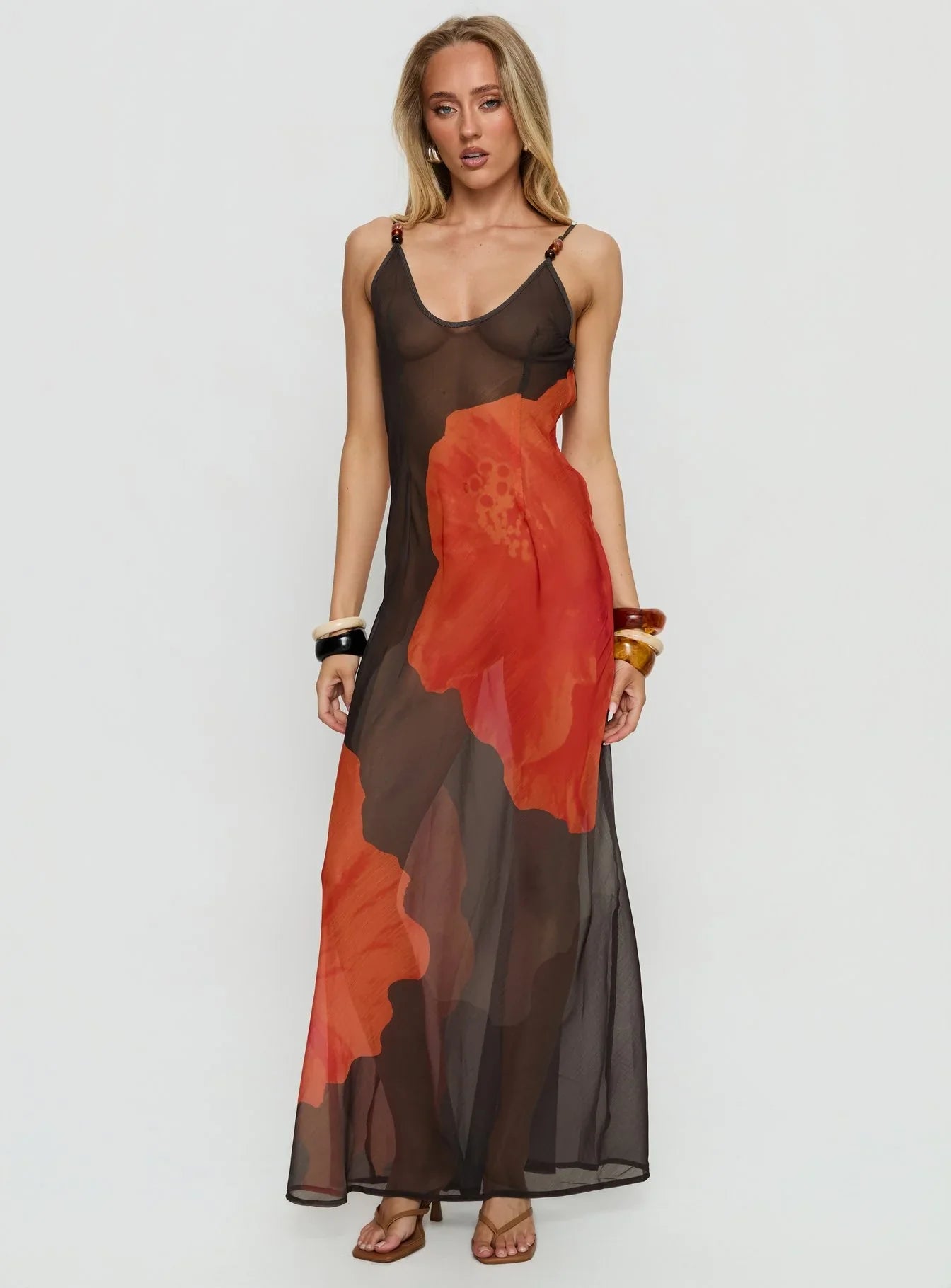 Carita Sheer Chiffon Maxi Dress Brown Orange Floral