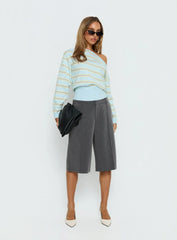 Zinia Off Shoulder Knit Sweater Grey Blue Stripe