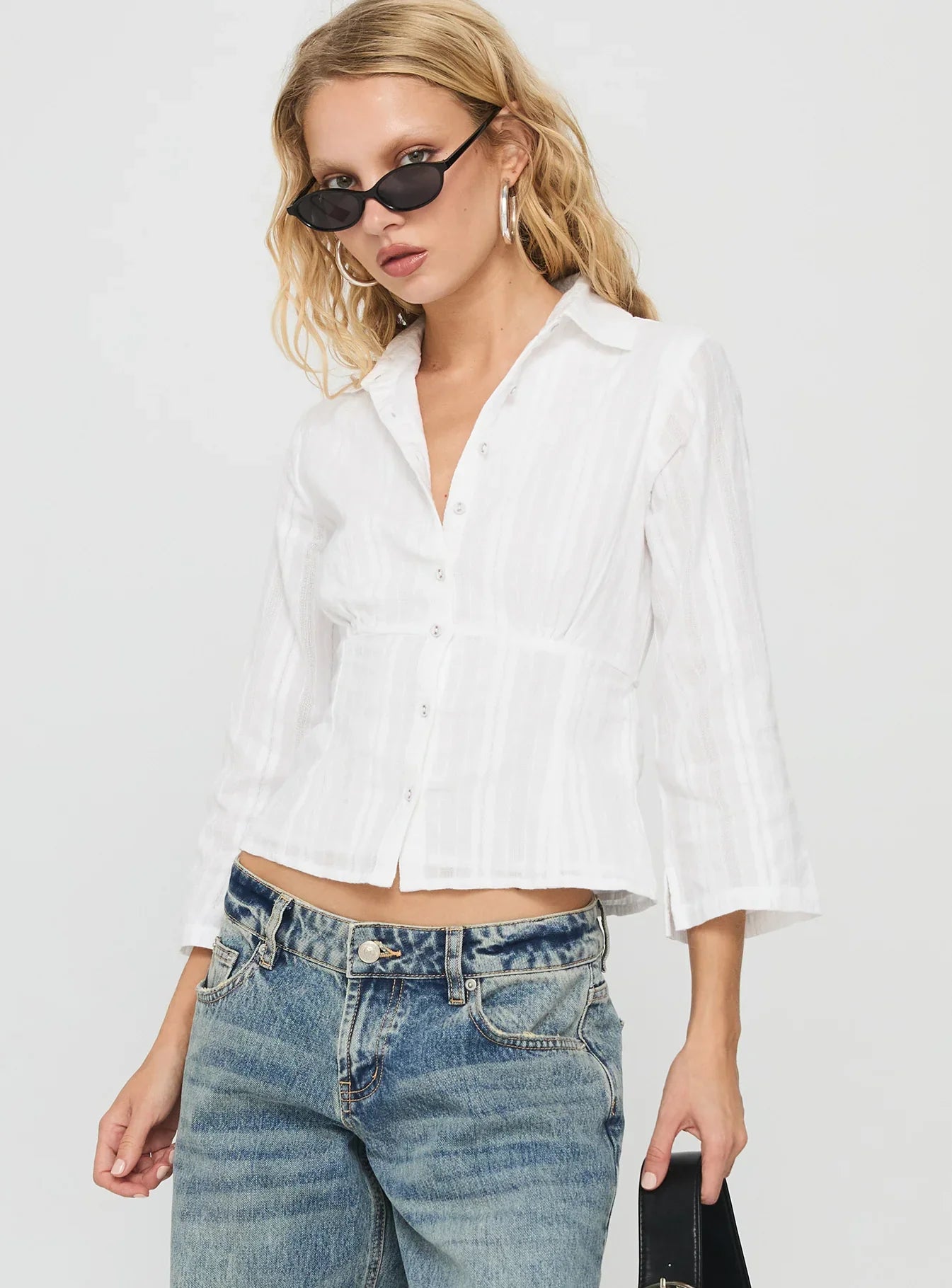 Taelynn 3 4 Sleeve Button Up Shirt White