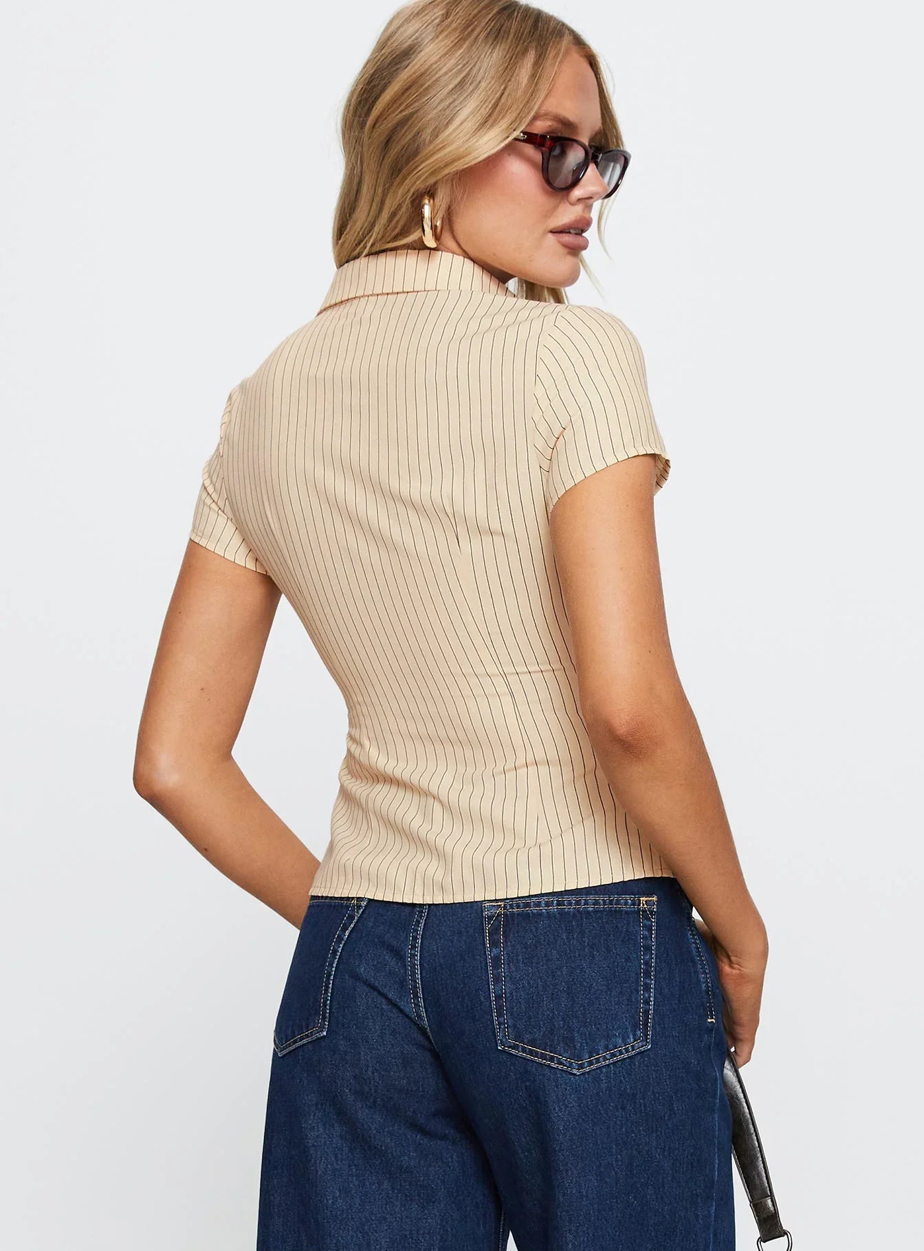 Lift Off Button Up Top Cream Navy Stripe