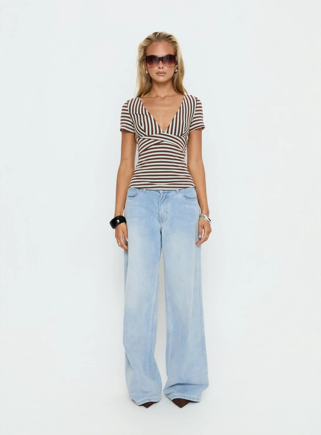 Madelon Short Sleeve Wrap Top Brown Blue Stripe
