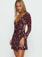 Raylena Long Sleeve V neck Mini Dress Burgundy Floral