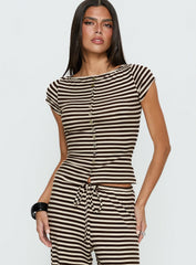 Angellina Jersey Button Down Top Chocolate Cream Stripe