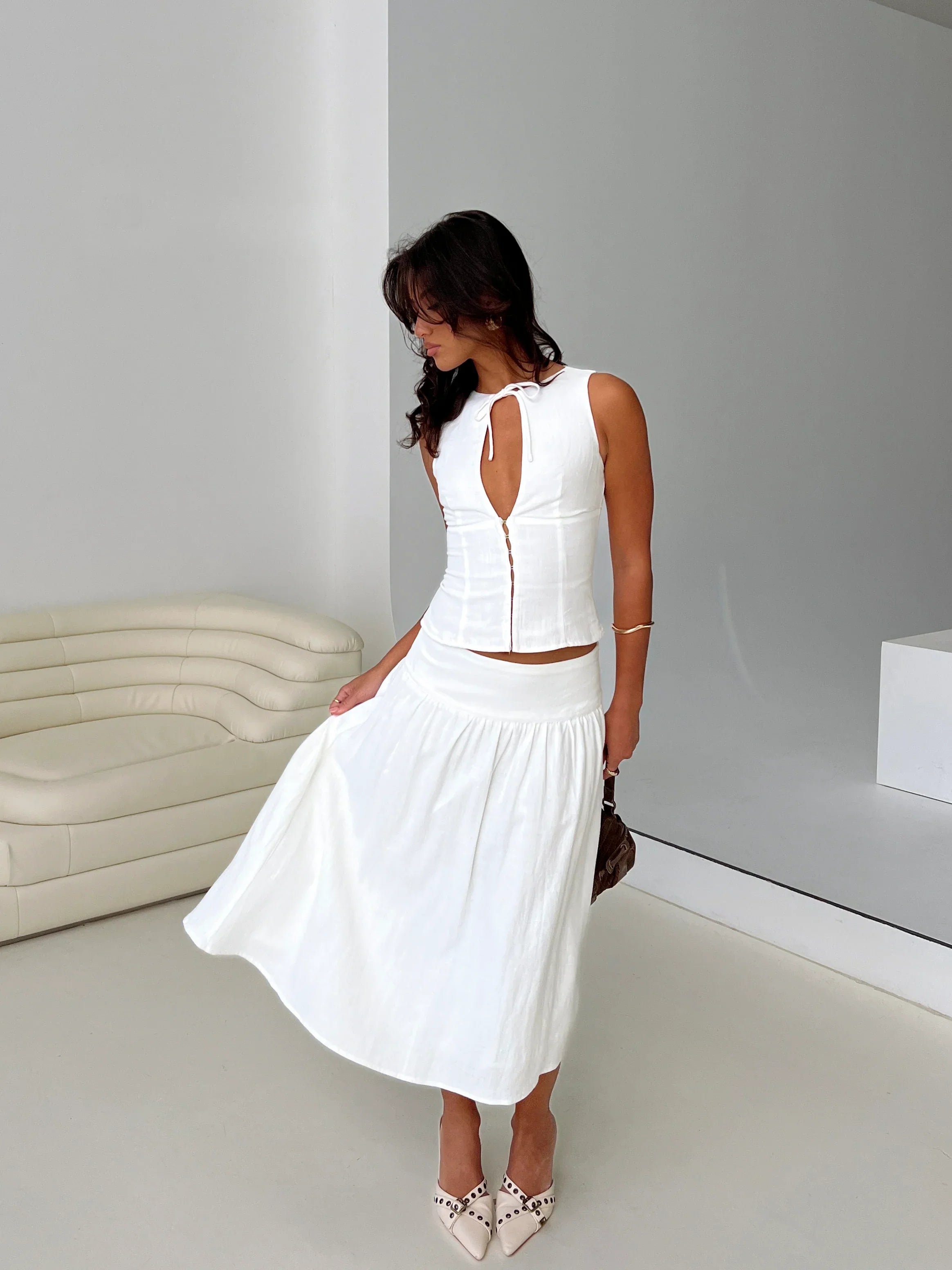 Heart Of Gold Linen Blend Midi Skirt White