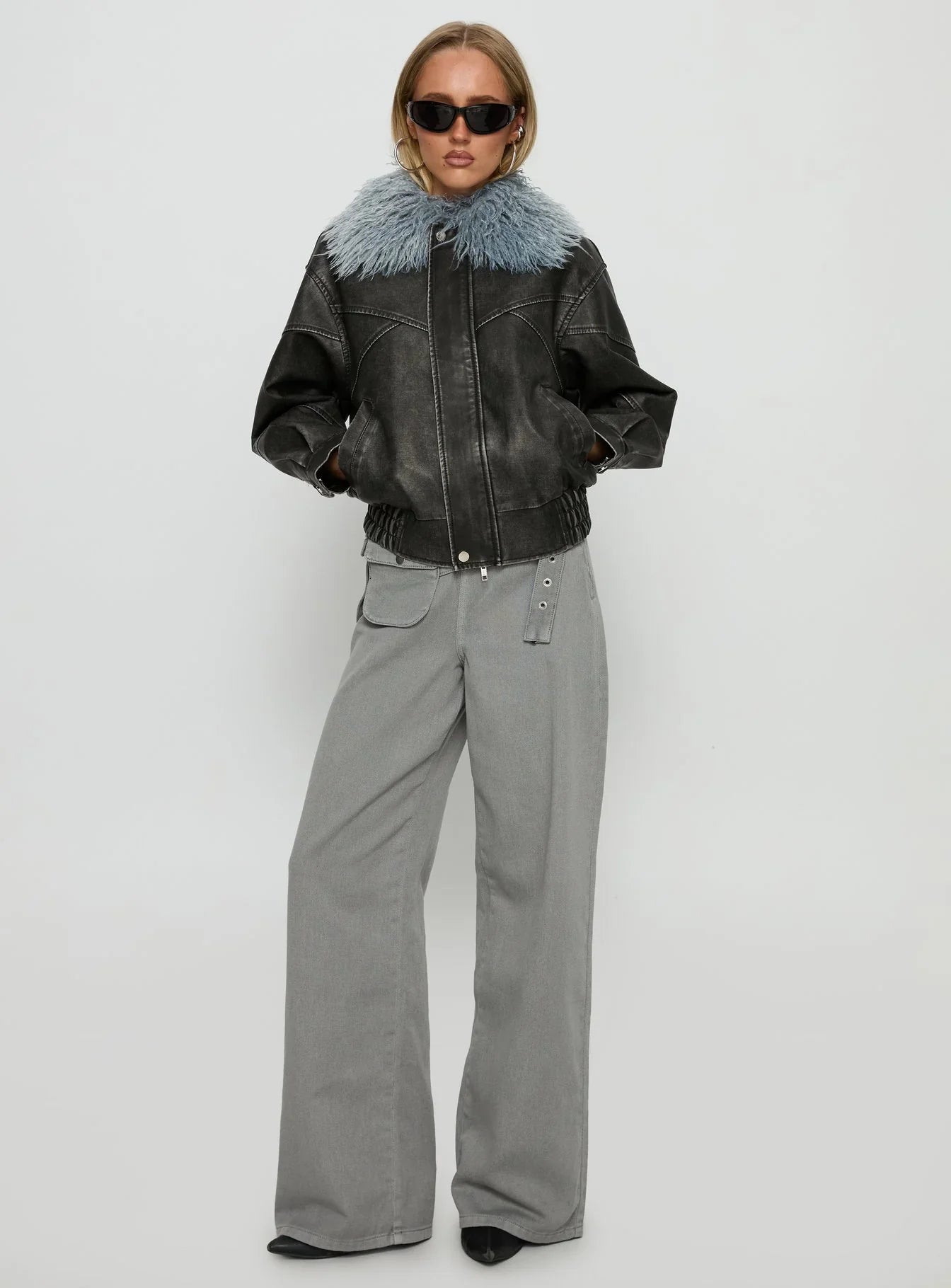 Brittanni Fluffy Collar Jacket Black Blue