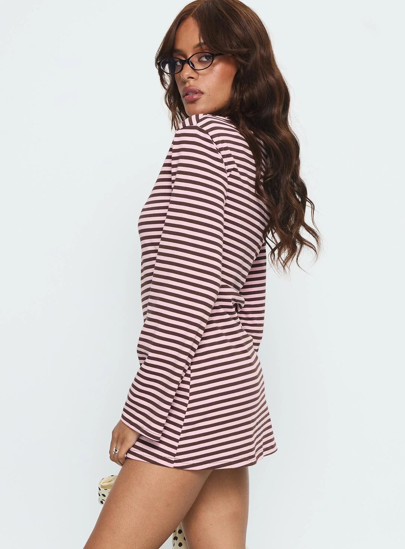 Lulolah Long Sleeve Mini Dress Chocolate Pink Stripe