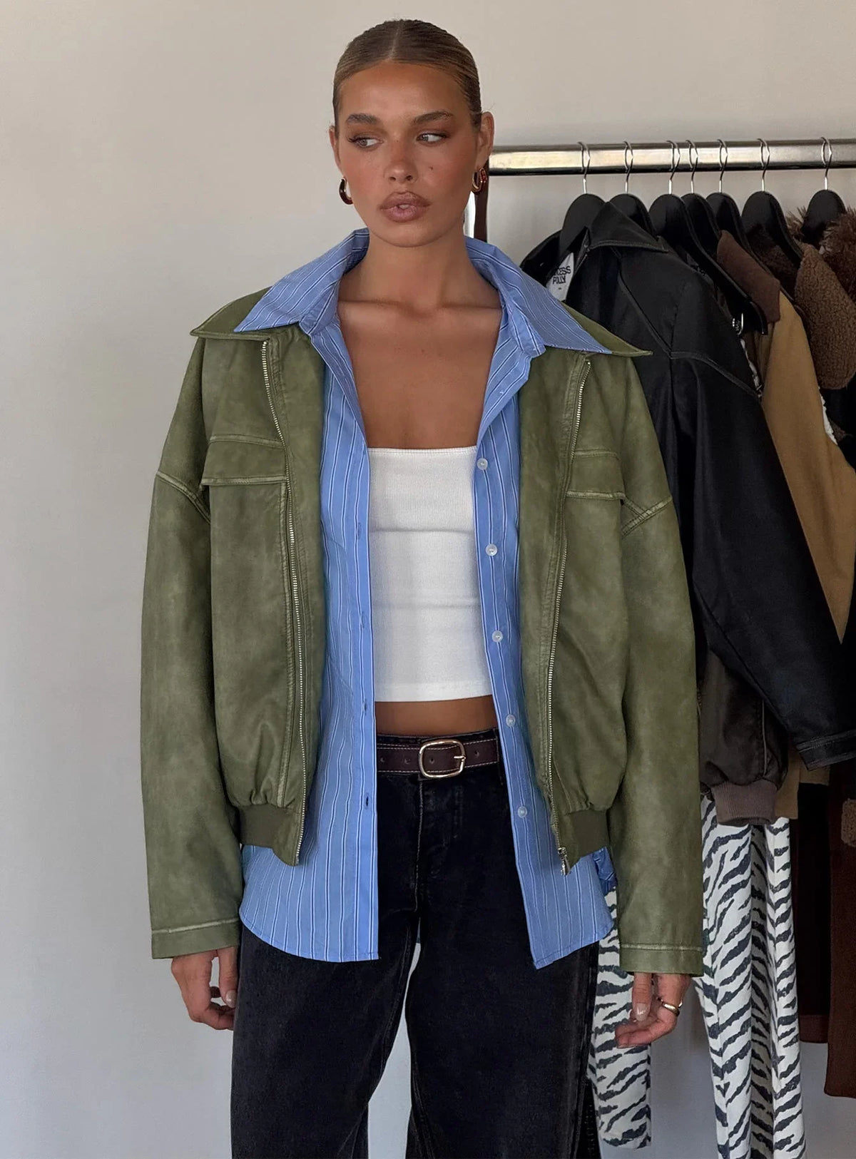 Tanza Faux Leather Jacket Washed Green