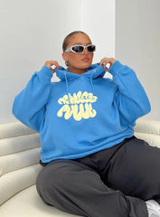 Princess Polly Hooded Sweatshirt Bubble Text Blue Yellow Curve
