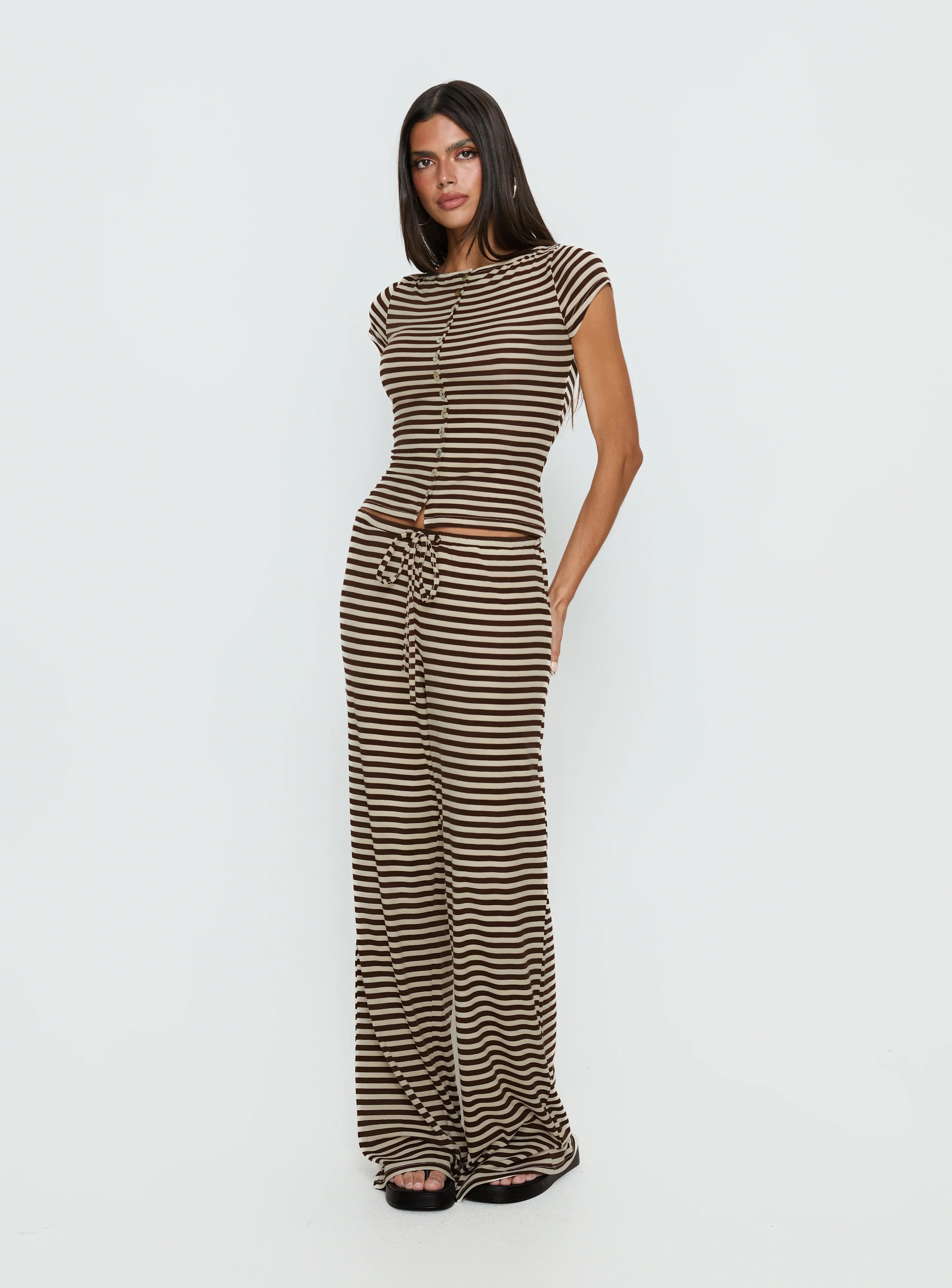 Angellina Jersey Button Down Top Chocolate Cream Stripe
