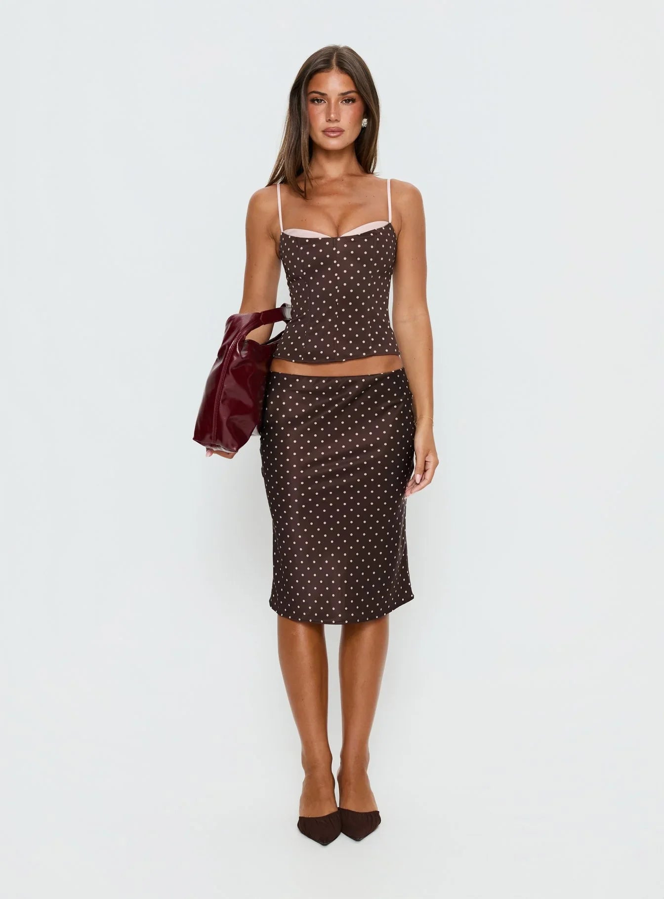 Somani Satin Midi Skirt Brown Pink Polka Dot