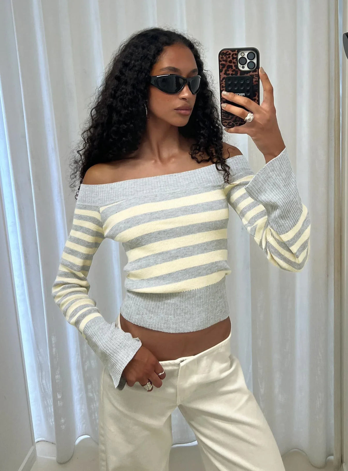Perrey Long Sleeve Off Shoulder Top Knit Yellow Grey Stripe