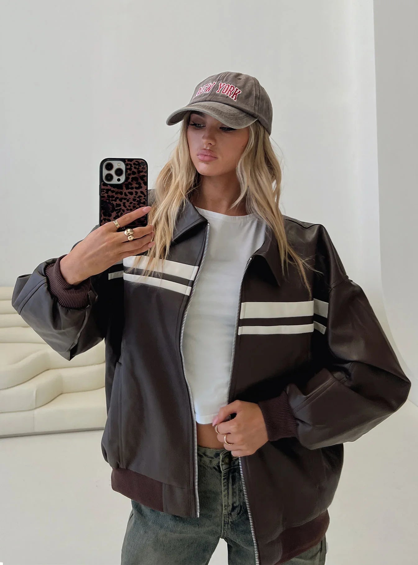 Goldsmith Faux Leather Bomber Jacket Chocolate White