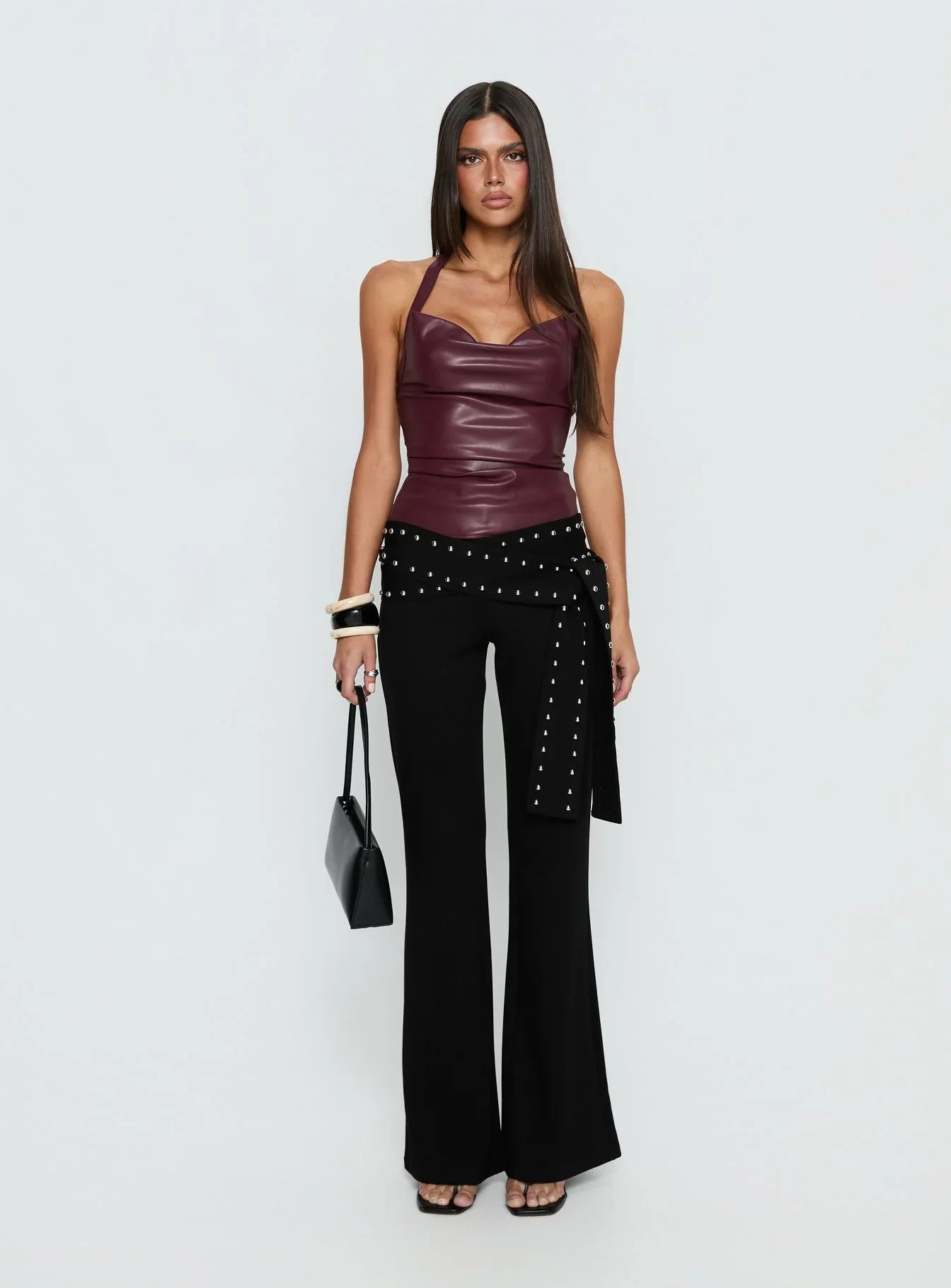 Thunderbolt Faux Leather Cowl Neck Top Plum