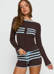 Beverlea Button Down Knit Cardigan Brown Blue Stripe