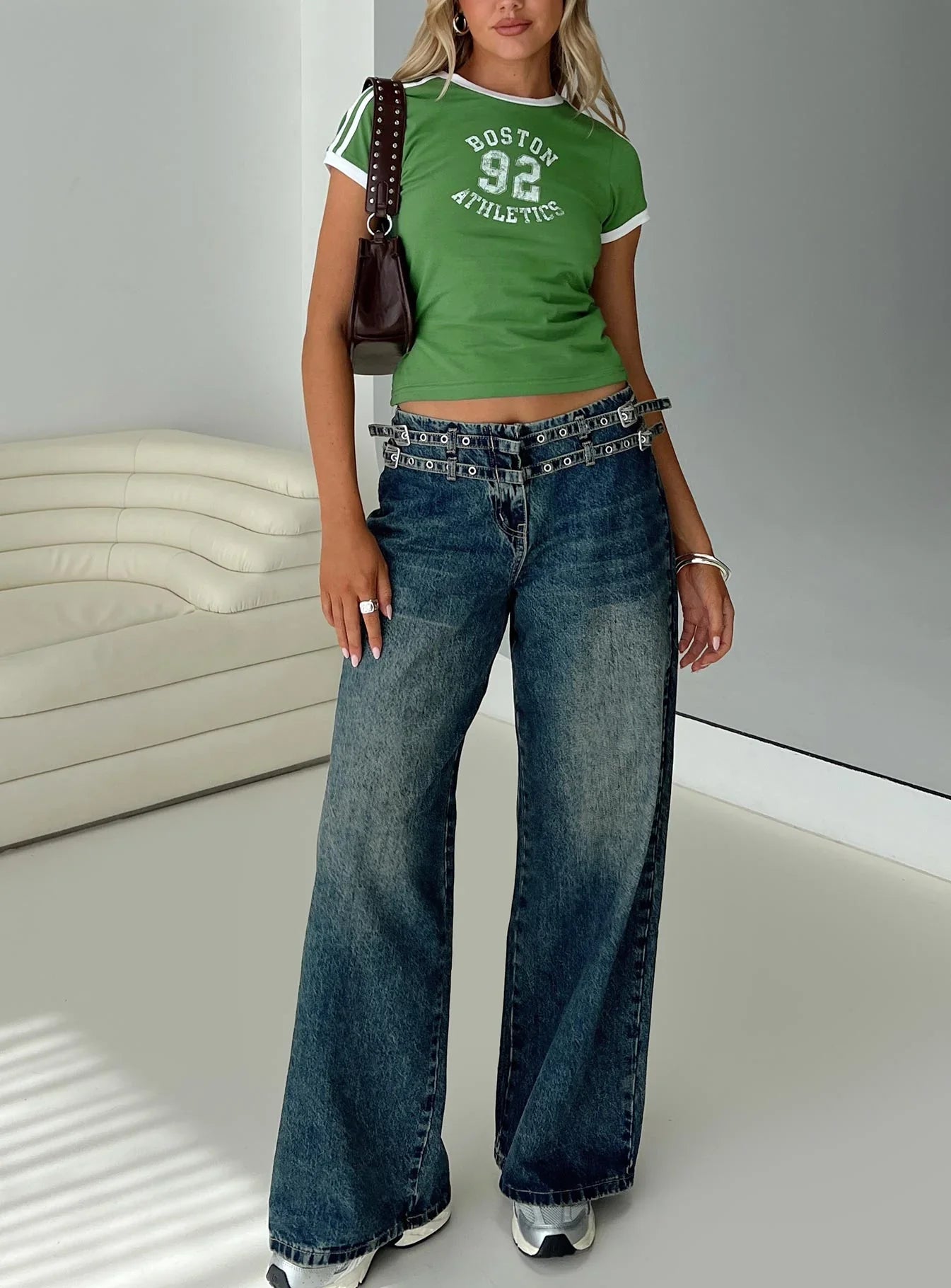 Baccarat Mid Rise Wide Leg Belted Jeans Dark Blue