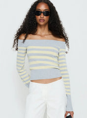 Perrey Long Sleeve Off Shoulder Top Knit Yellow Grey Stripe