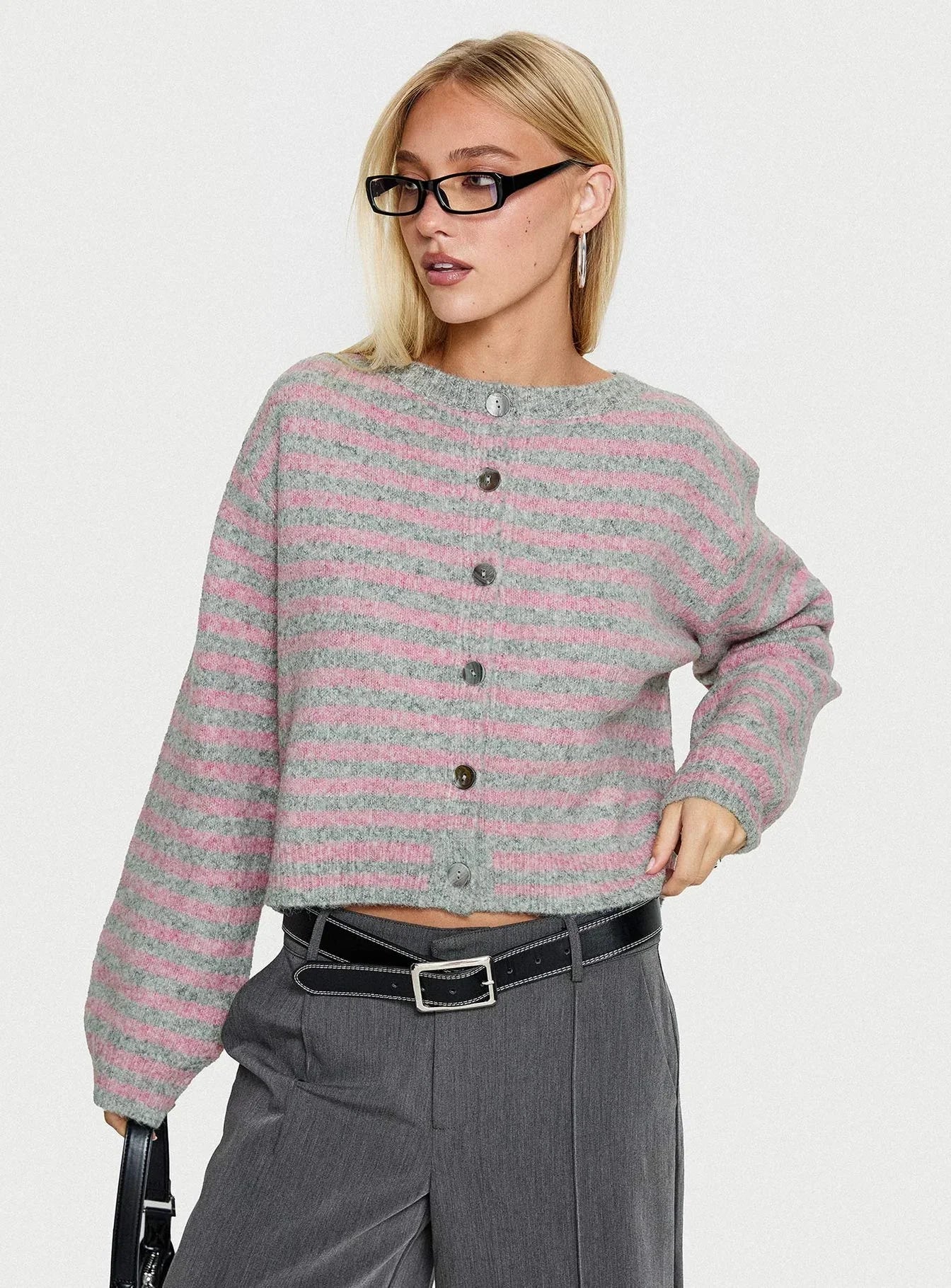 Raynna Button Up Cardigan Pink Grey Stripe
