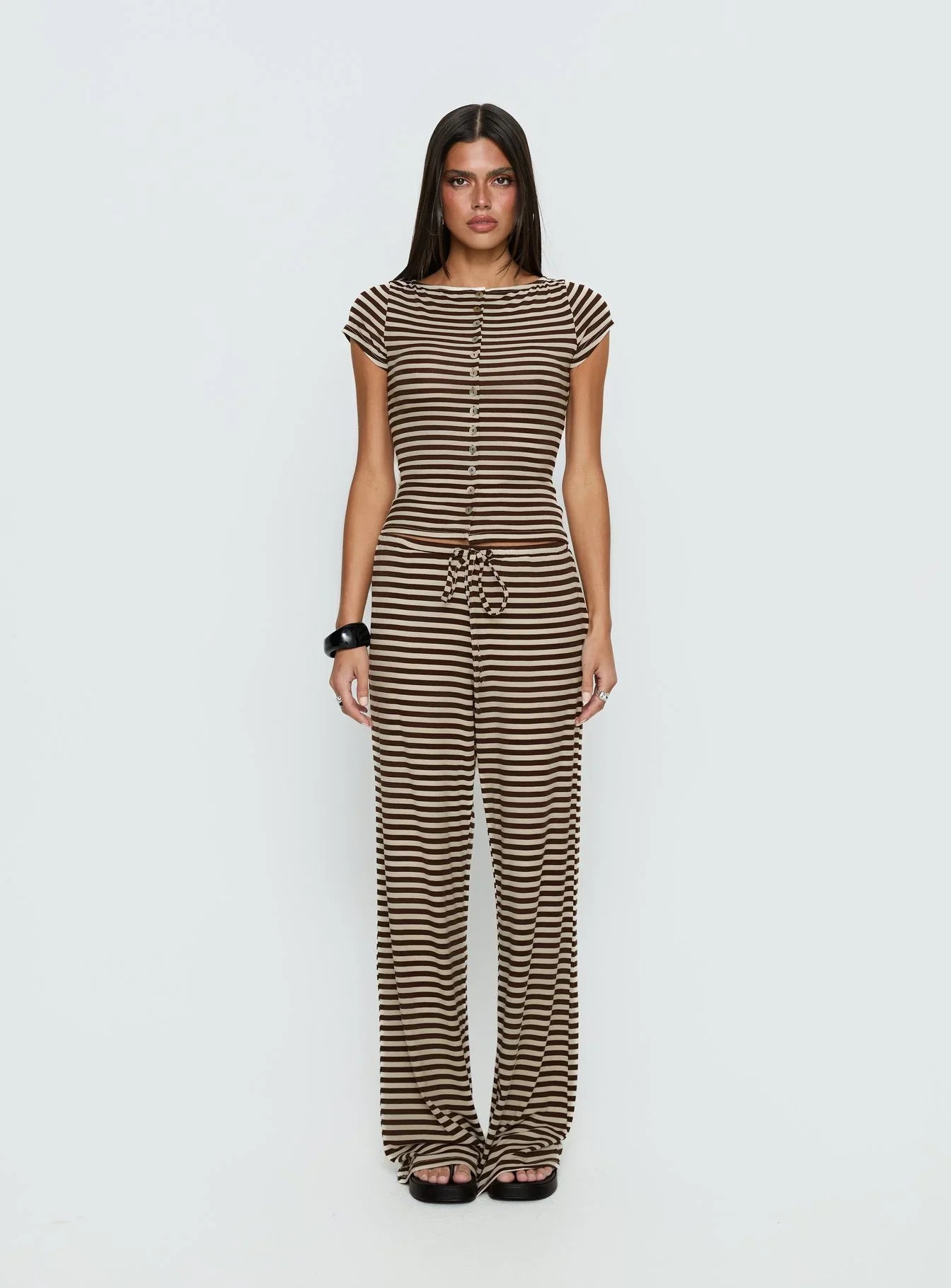Gavrielle Jersey Wide Leg Pants Chocolate Cream Stripe