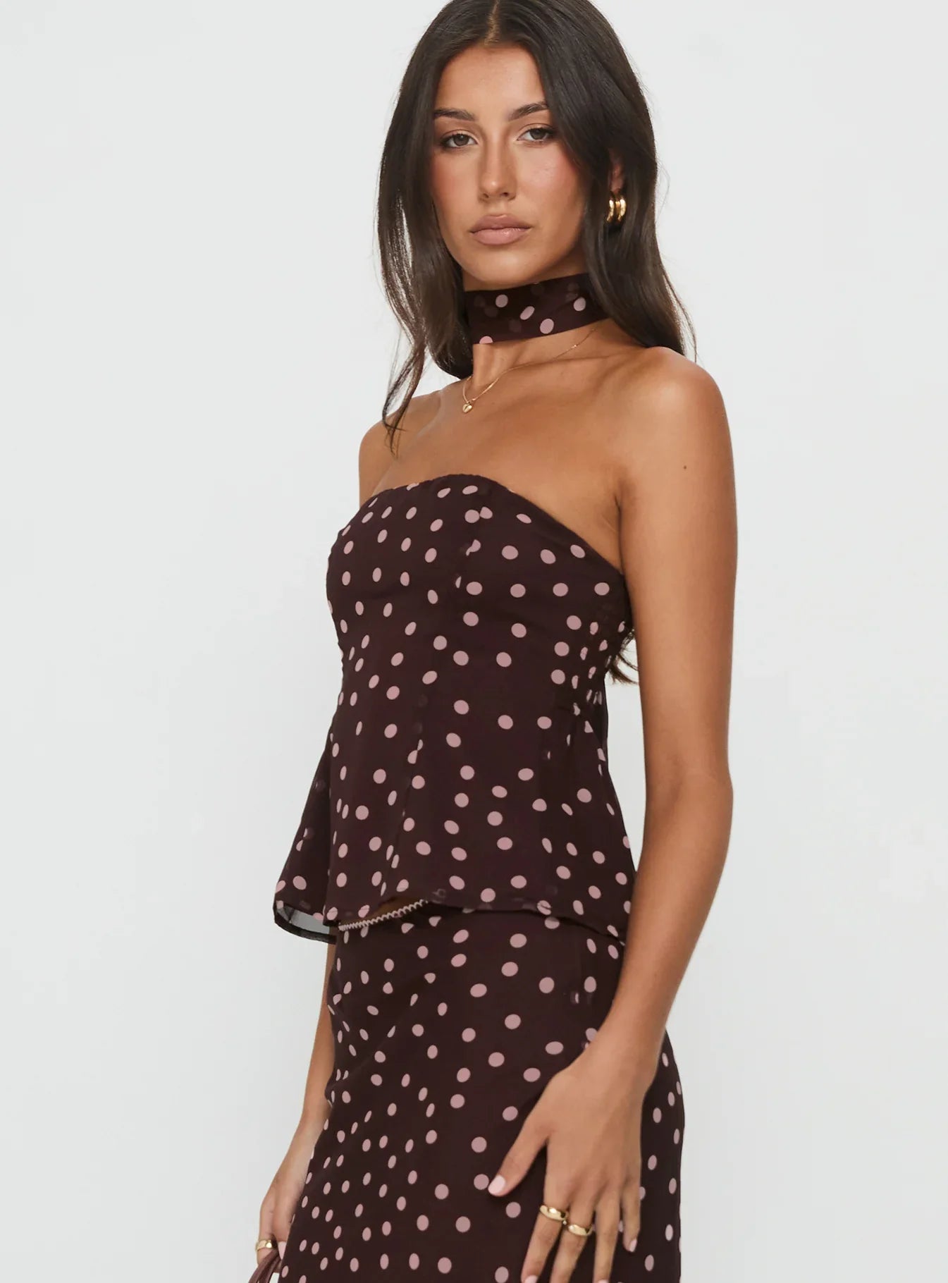 Sydni Scarf Detail Strapless Top Chocolate Pink Polka Dot