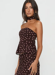 Sydni Scarf Detail Strapless Top Chocolate Pink Polka Dot