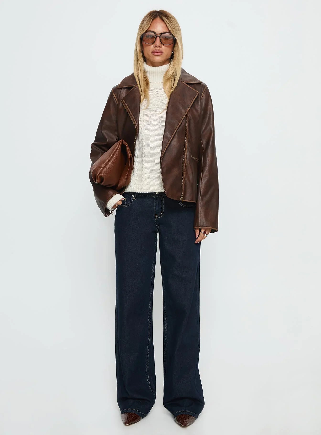 Vyolette Faux Leather Collared Jacket Washed Brown