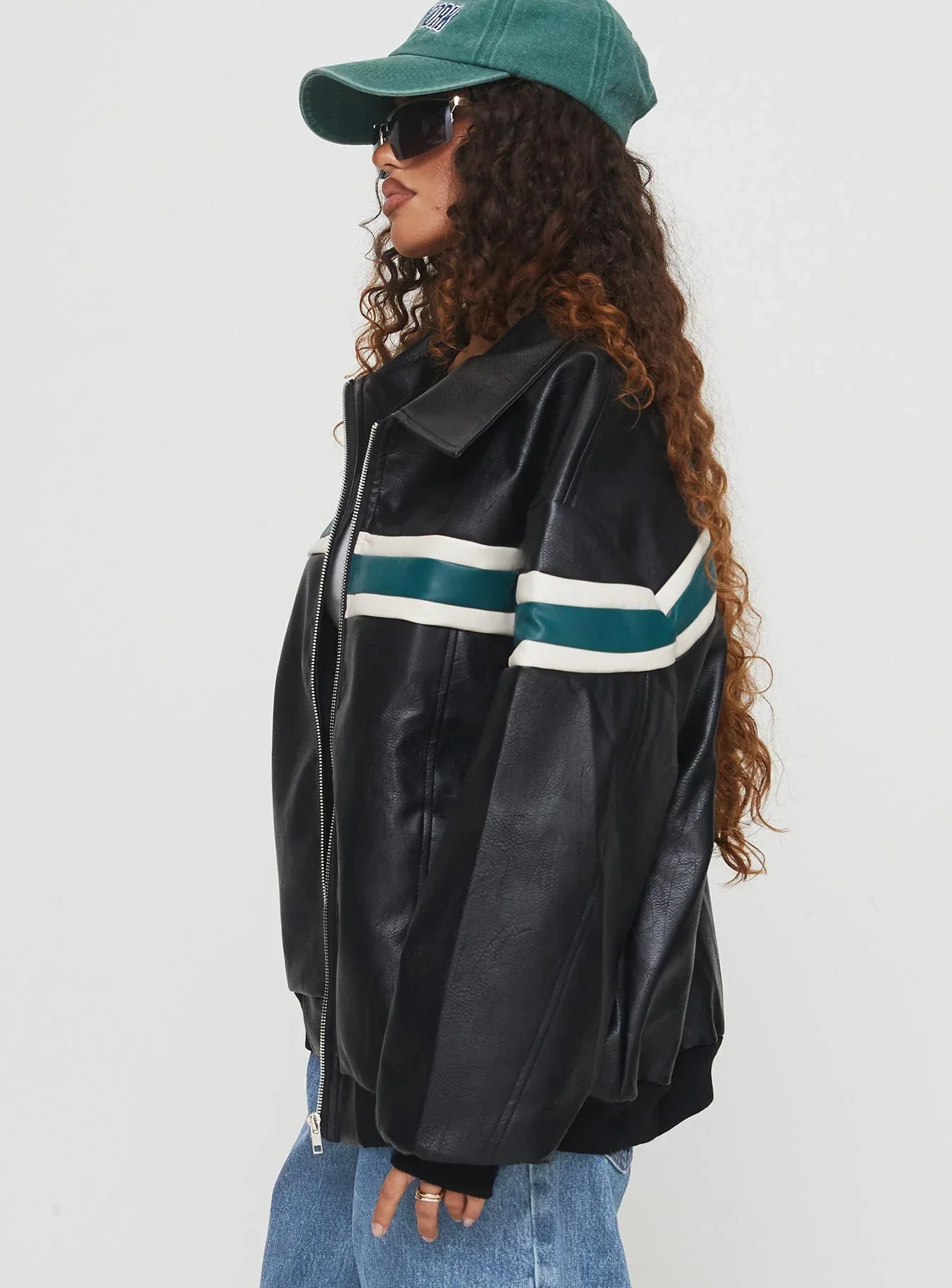 Goldsmith Faux Leather Bomber Jacket Black Green