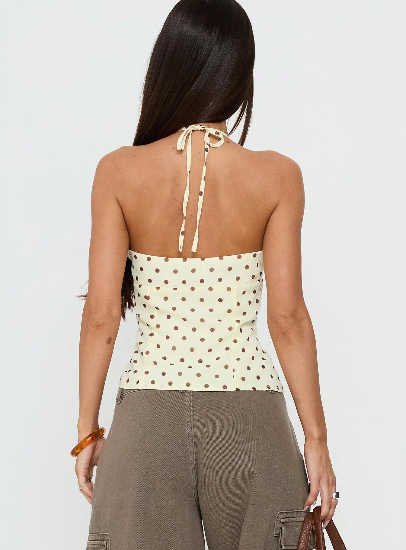 Bon Bon Tie Neck Top Yellow Brown Polka