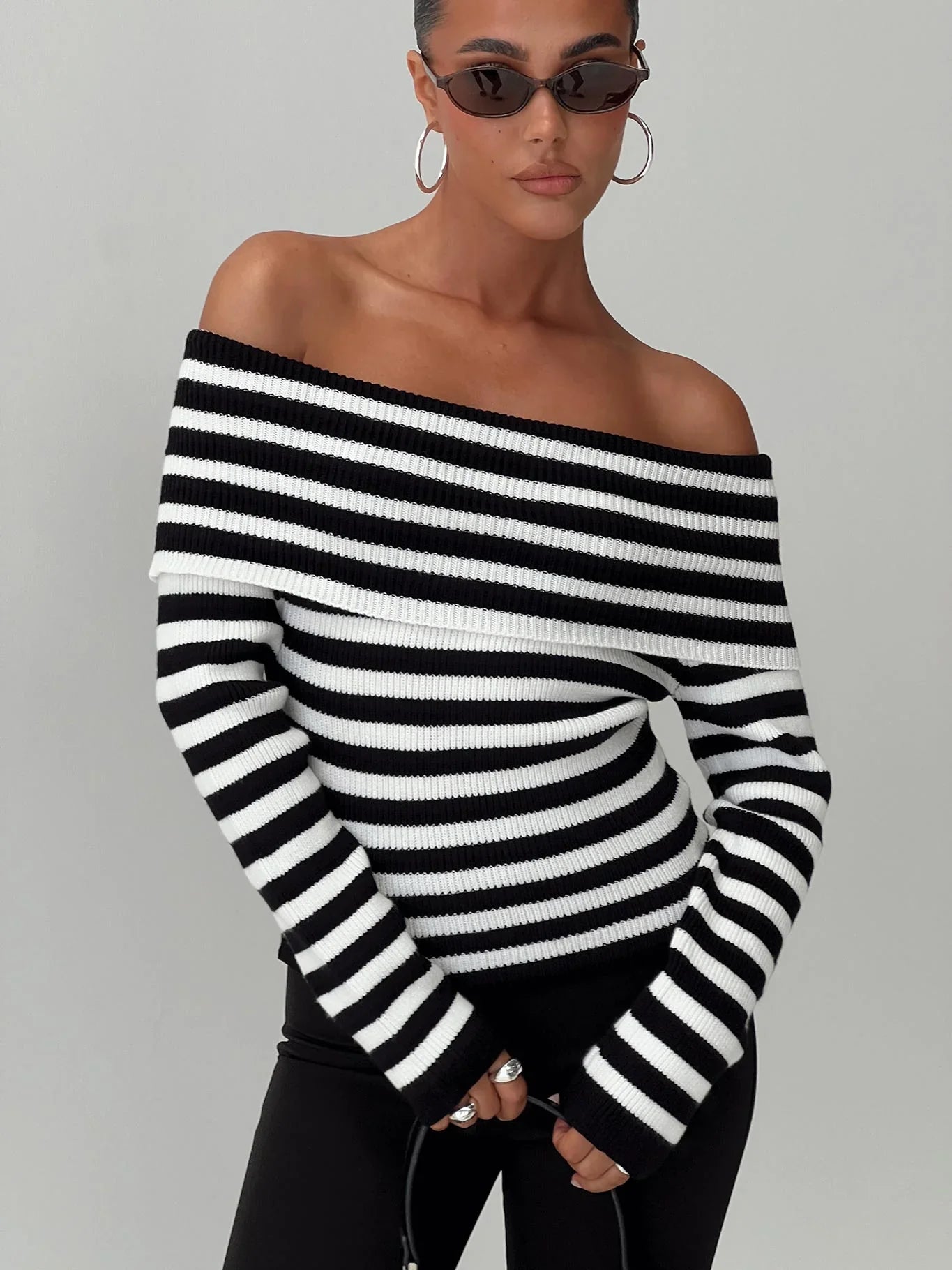 Danyel Off The Shoulder Sweater Black White Stripe