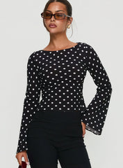 Lady Lady Long Sleeve Backless Top Black White Polka