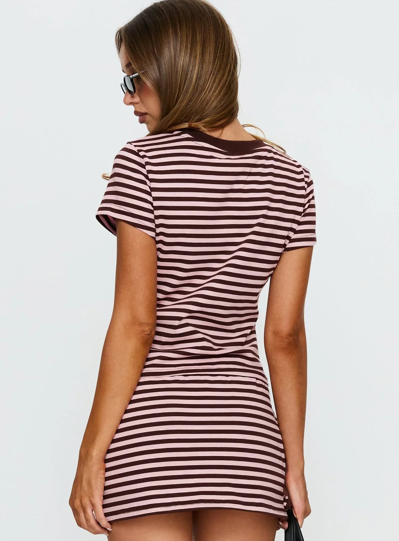 Settle Down Baby Tee Pink Brown Stripe