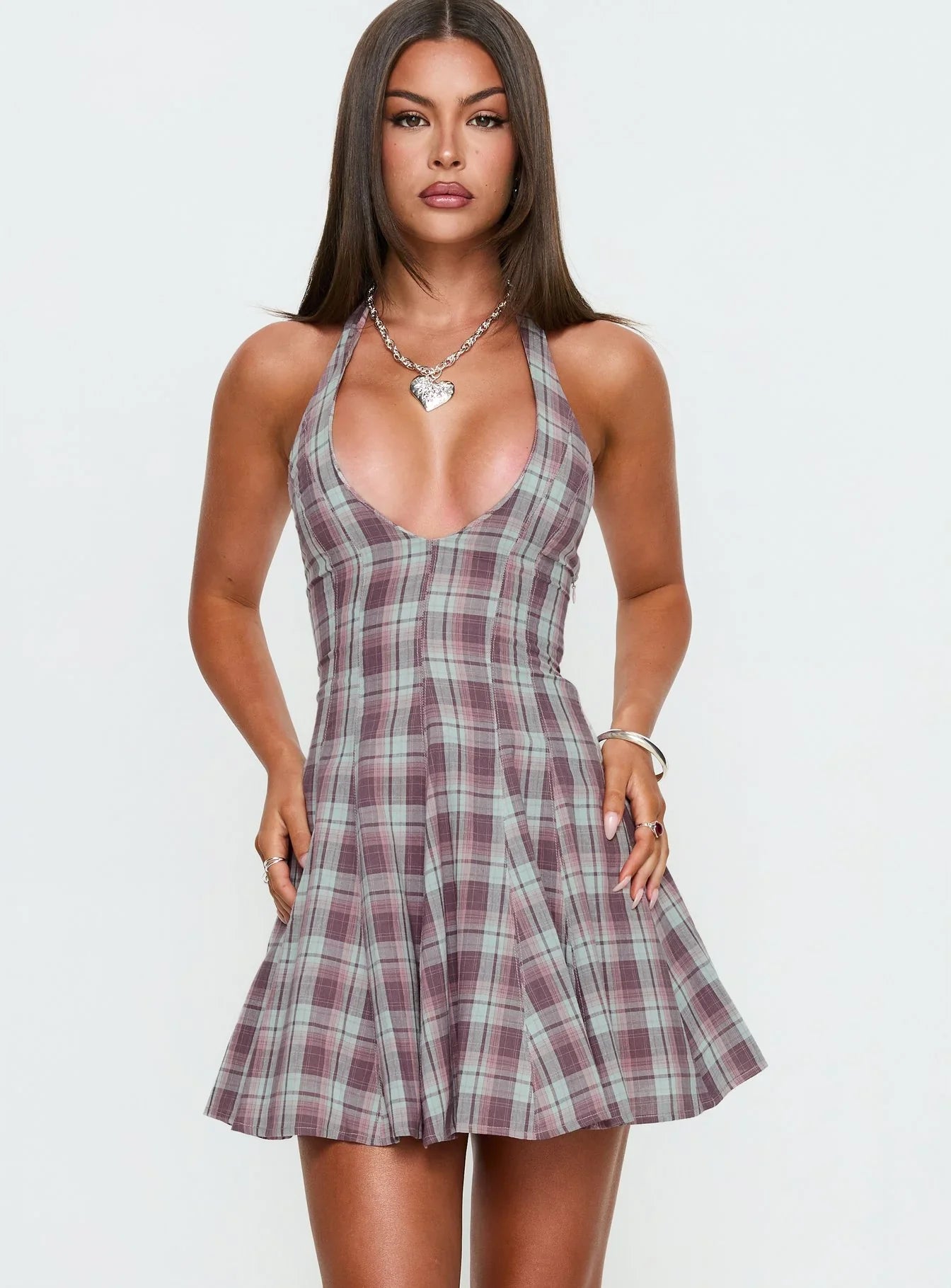 Out Of Nowhere Halter Mini Dress Burgundy Pink Check