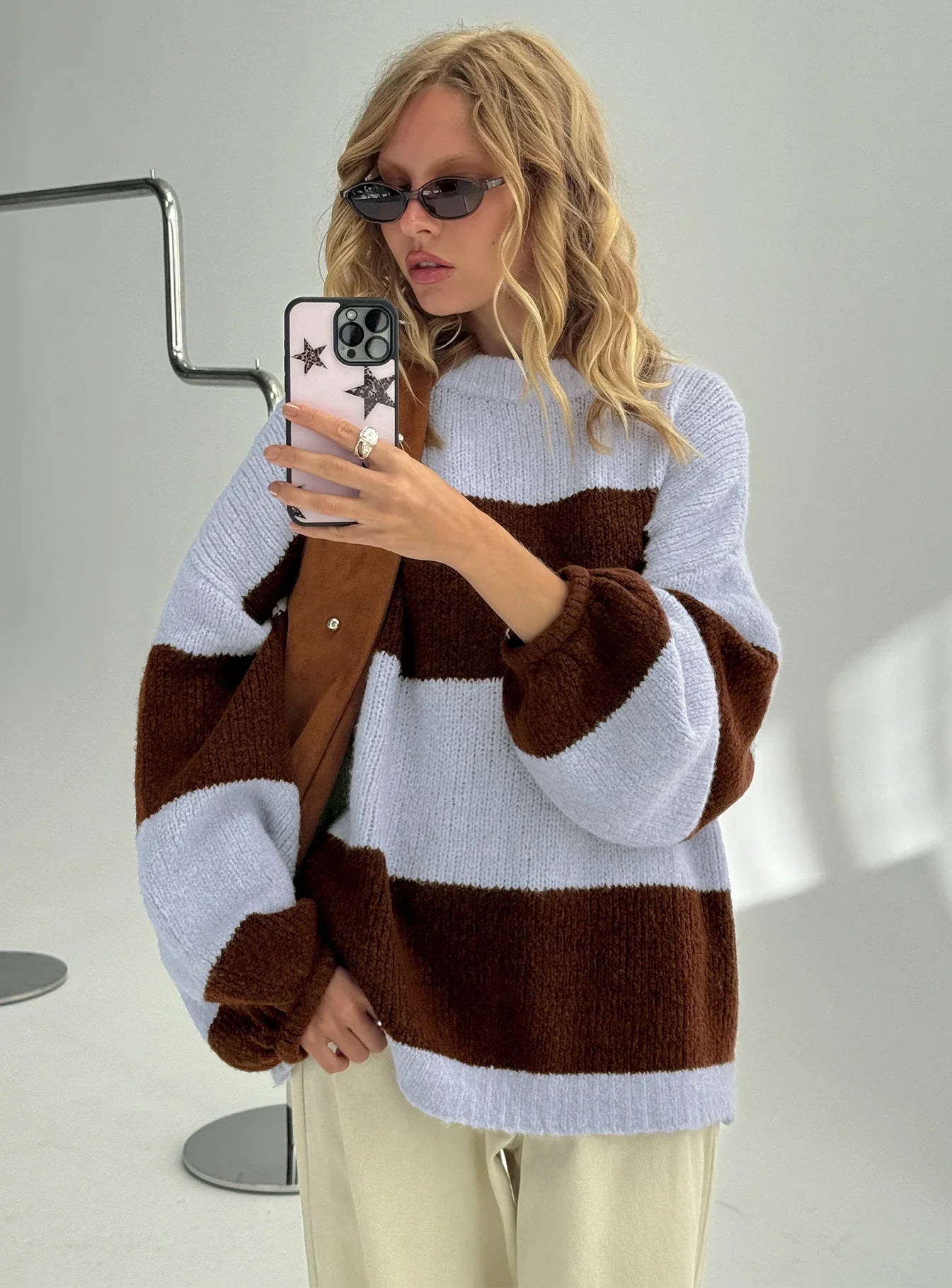 Bastien Crew Neck Knit Sweater Blue Chocolate Stripe