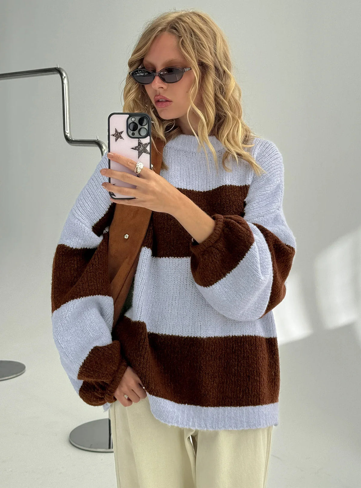 Bastien Crew Neck Knit Sweater Blue Chocolate Stripe