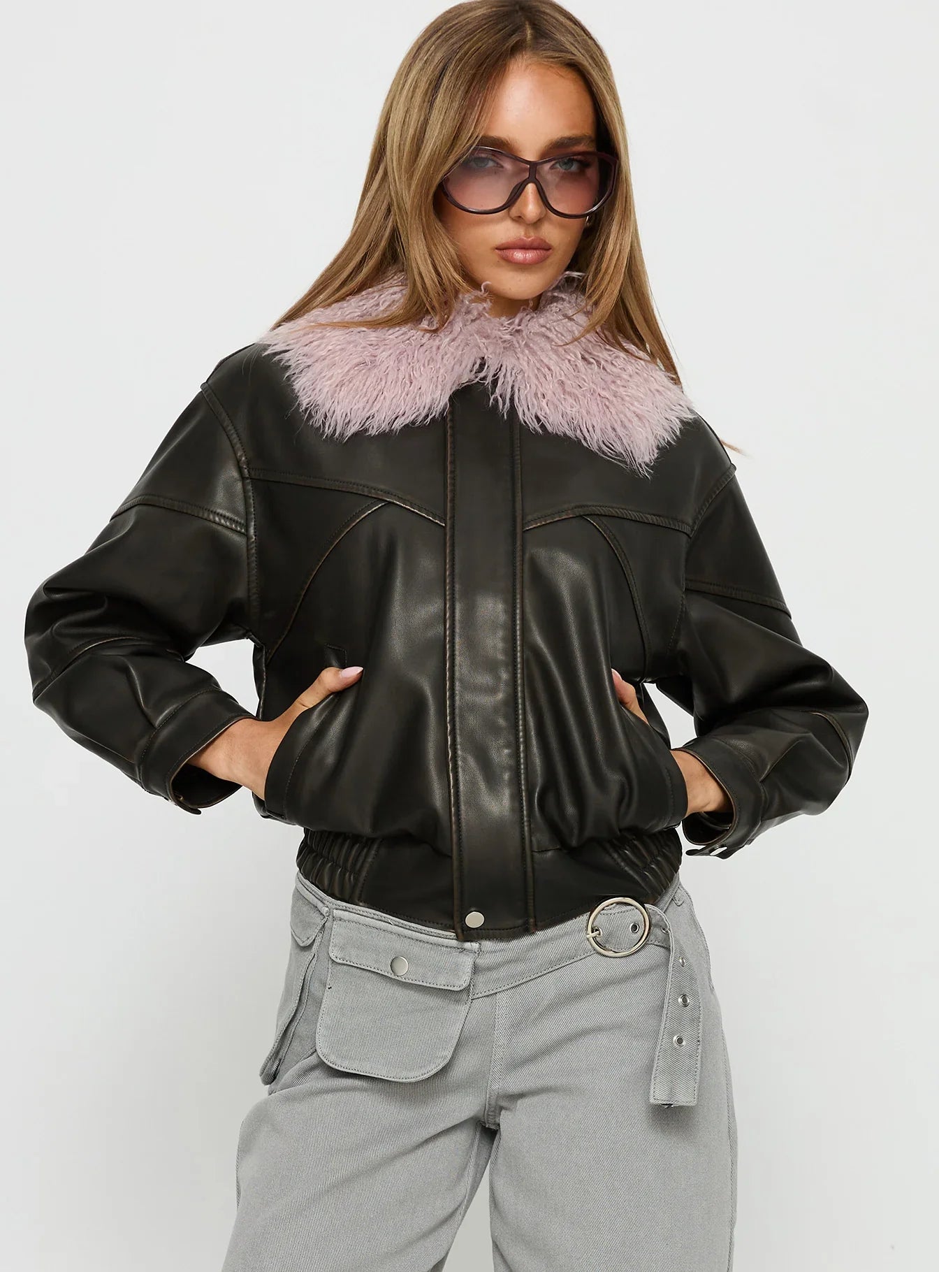 Brittanni Fluffy Collar Jacket Brown Pink