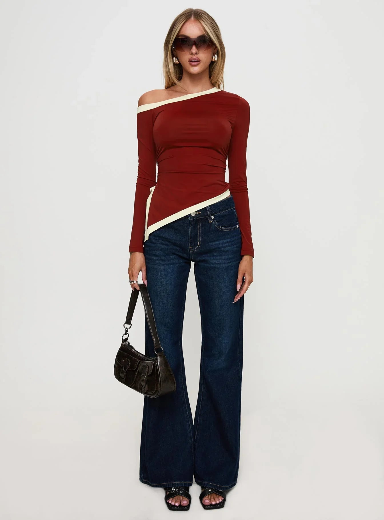 Fake Smile Long Sleeve Top Burgundy Cream