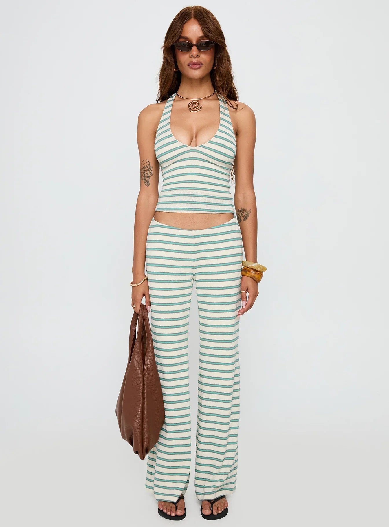 Anora Halter Wide Leg Set Blue White Stripe