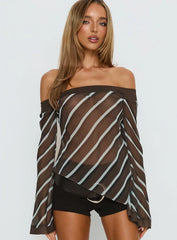 Trinkie Long Sleeve Off Shoulder Chiffon Top Navy Stripe