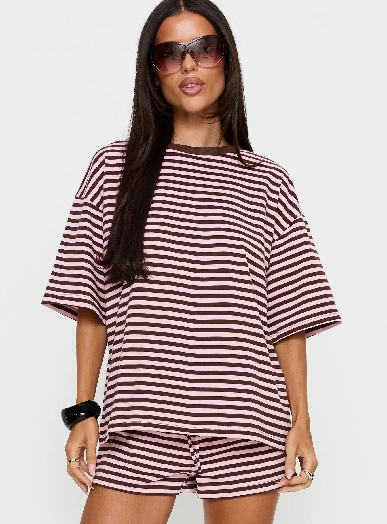 Settle Down Short Sleeve Top Pink Brown Stripe