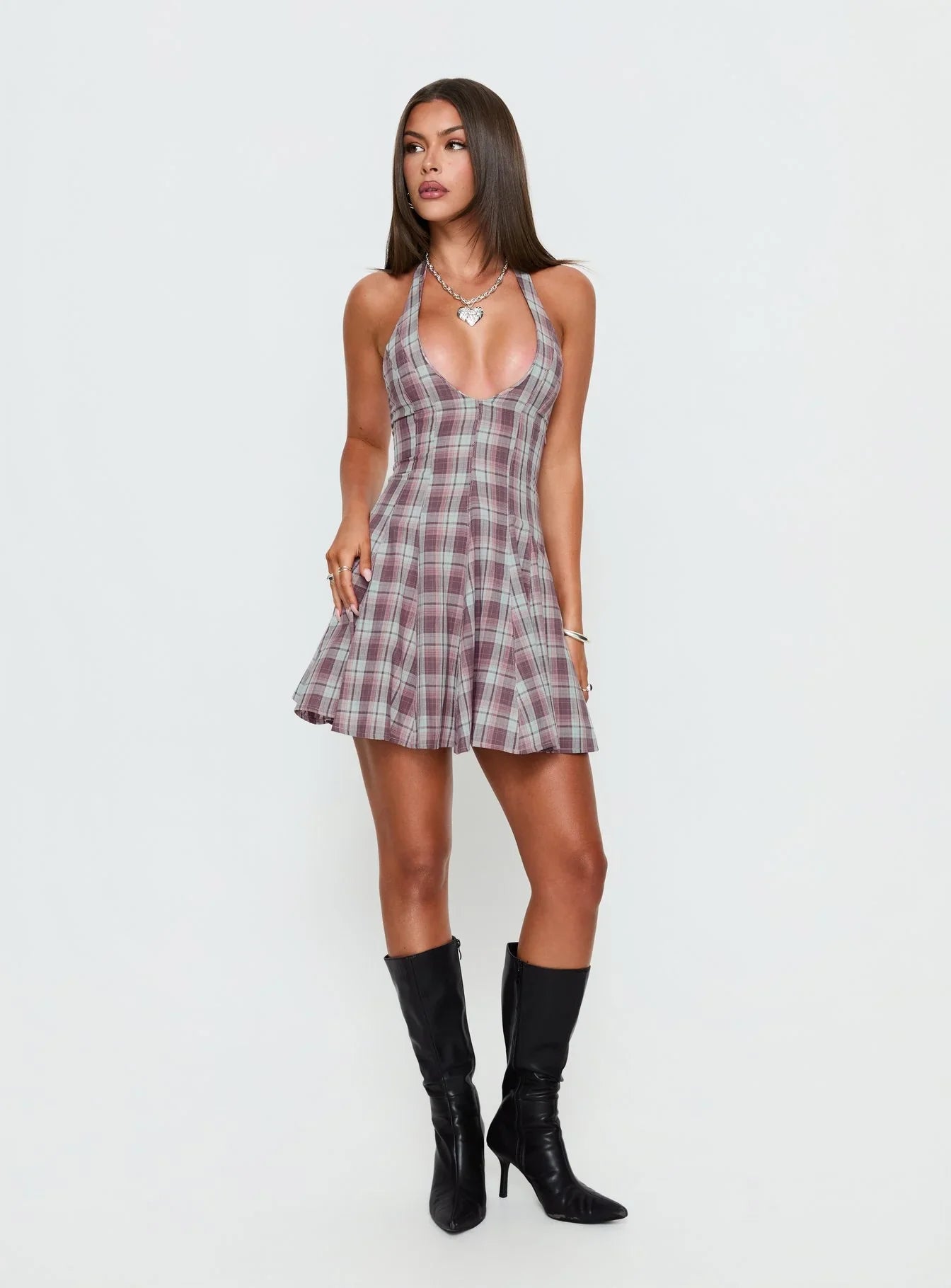 Out Of Nowhere Halter Mini Dress Burgundy Pink Check