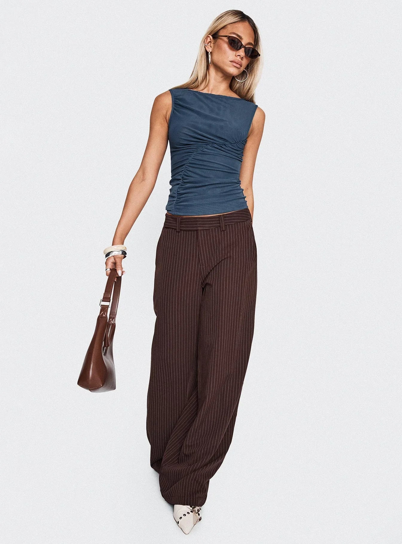Lustre Wide Leg Pant Brown Pinstripe