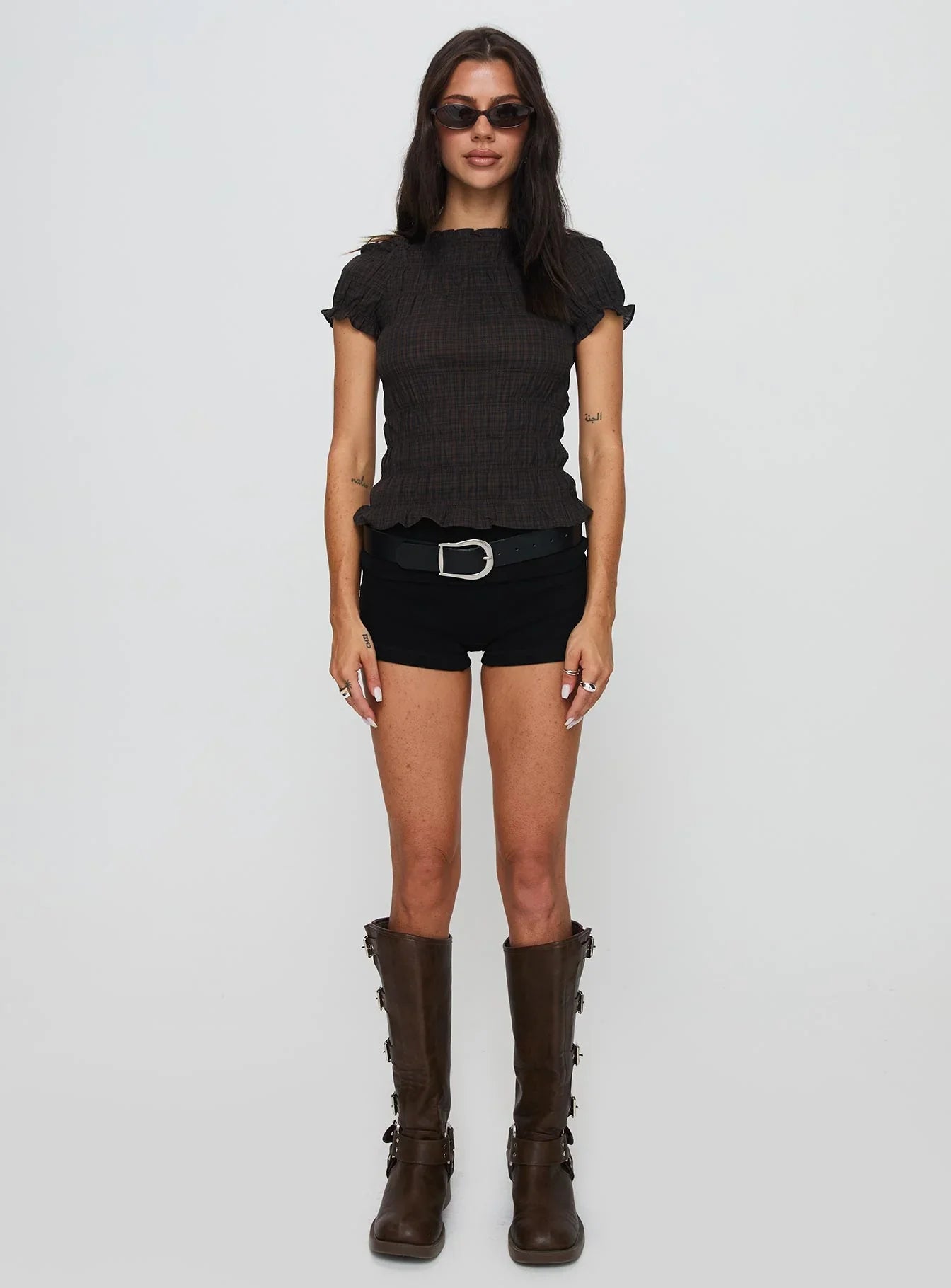 Romelle Shirred Top Black Brown Plaid Petite