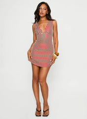 Daphney Plunge Mini Dress Red Cream