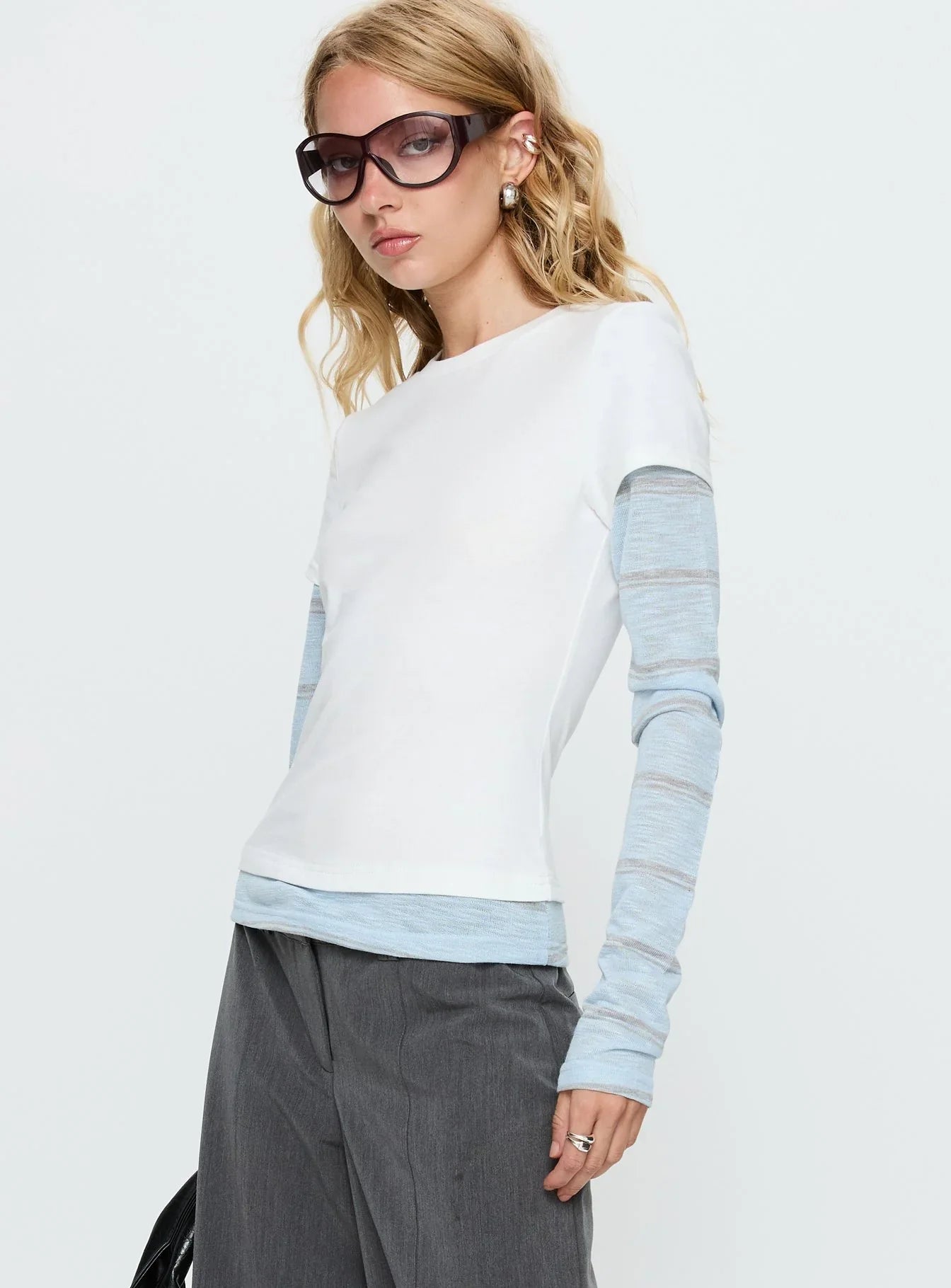 Caisey Layered Long Sleeve Top White Blue Stripe