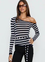 Kastor One Shoulder Long Sleeve Top Navy Grey Stripe