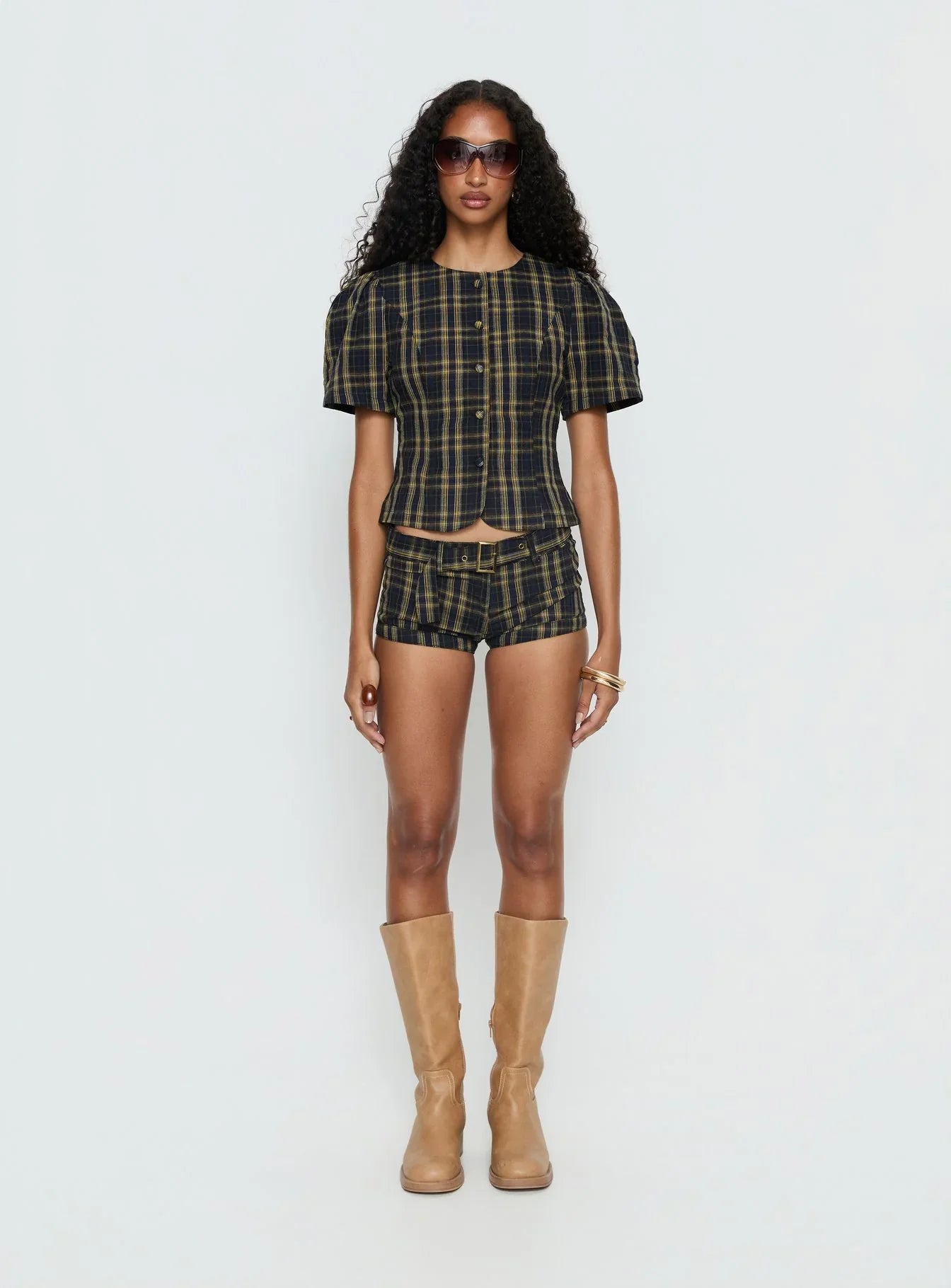 Femme Blouse Top Navy Lemon Plaid