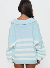 Carolena Long Sleeve Collared Knit Sweater Blue White Stripe