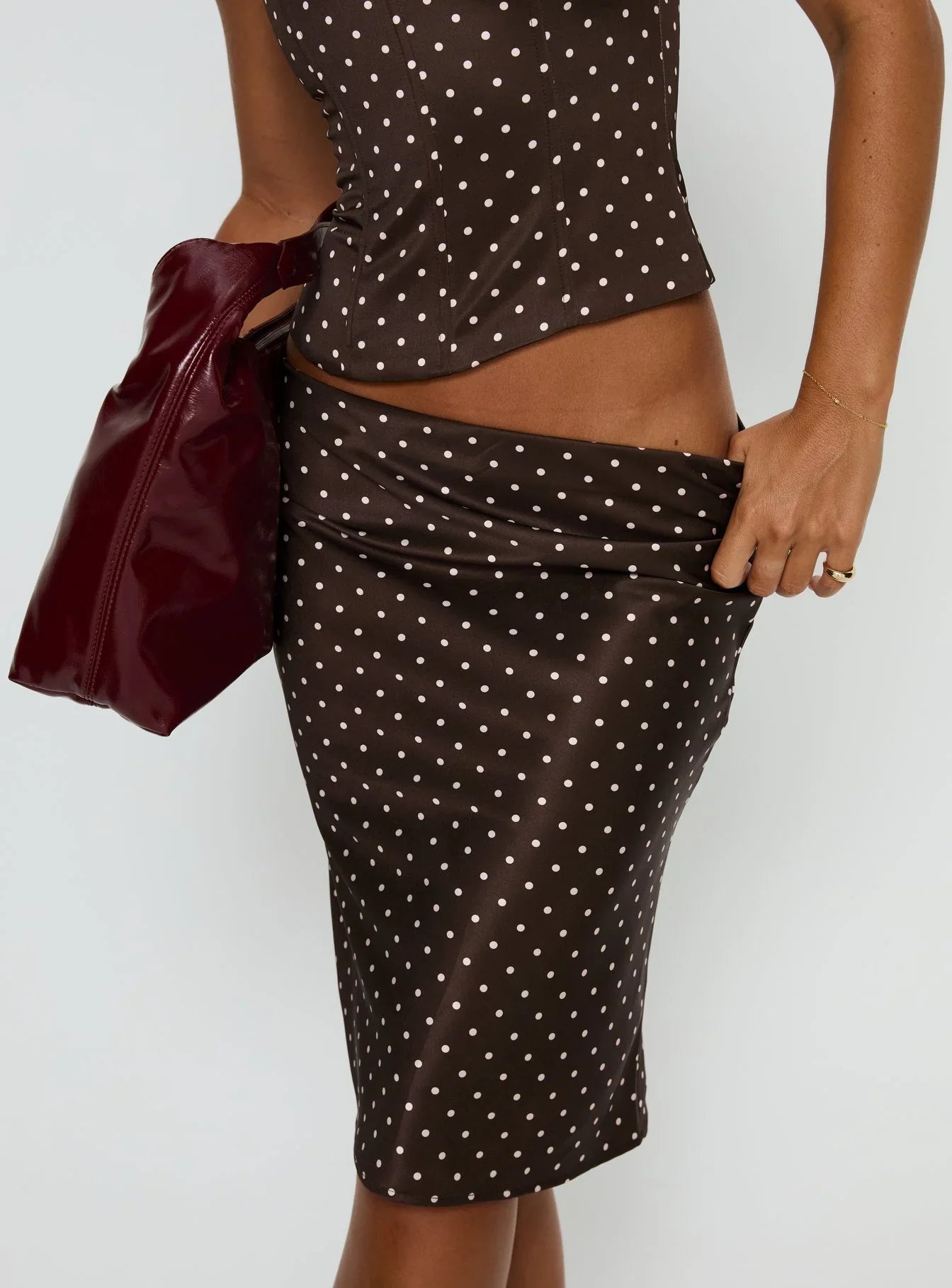 Somani Satin Midi Skirt Brown Pink Polka Dot